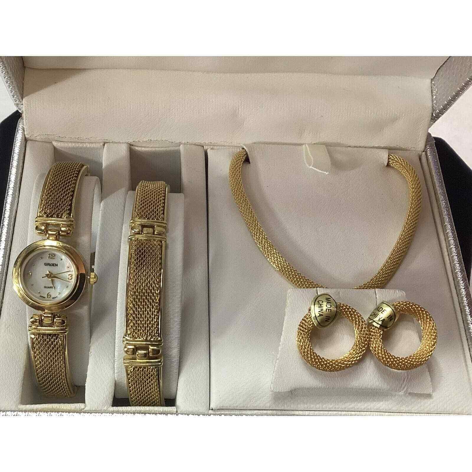 Gruen Gift Set With Watch Bracelet Earrings Gold Tone